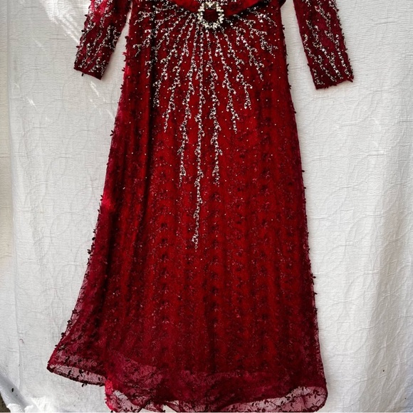 Vintage Beaded Red Gown Maxi Rhinestone Belted Dress 50 Whimsicore - Picture 4 of 14